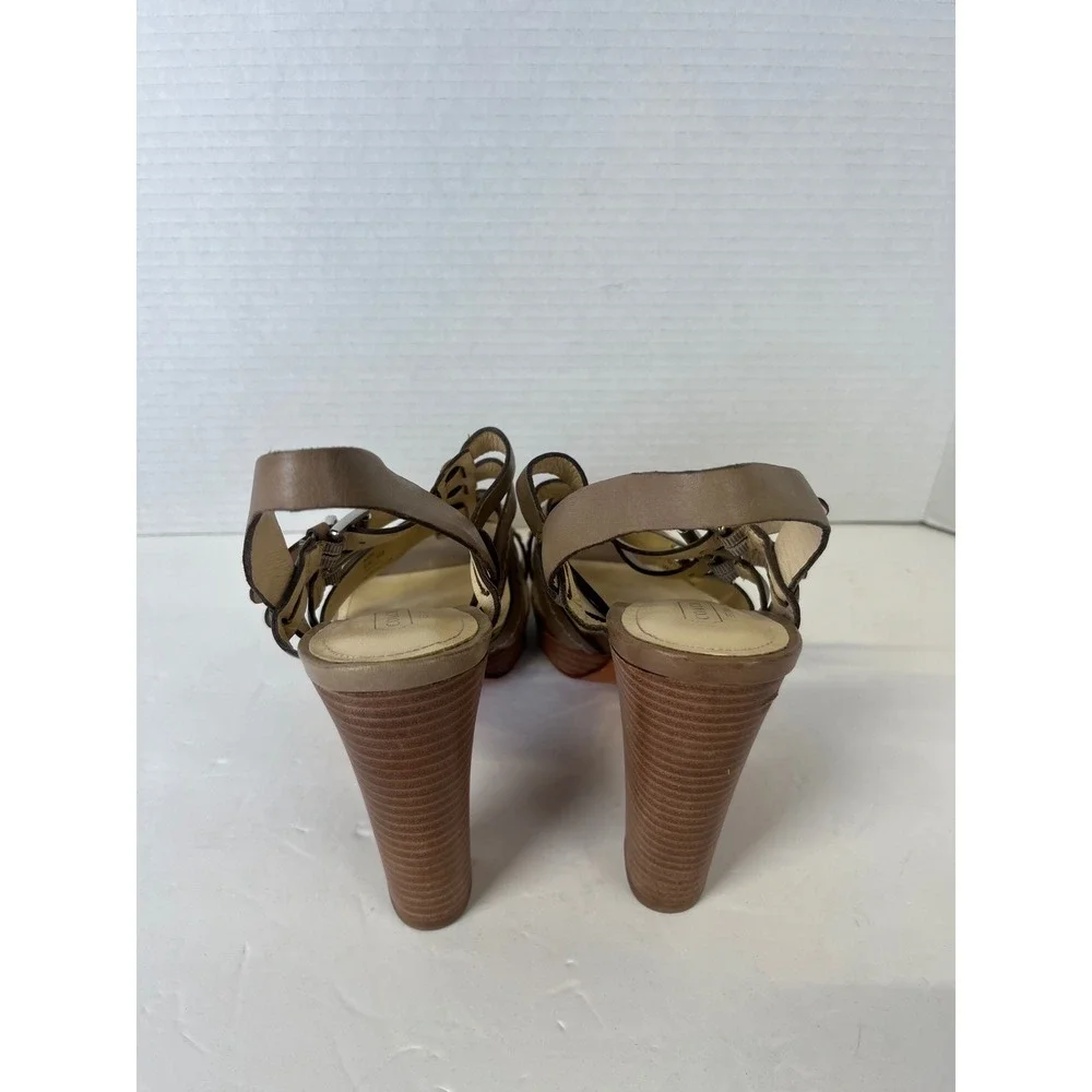 Coach Alie A0384 Taupe Brown Leather Strappy Platform‎ Block Heel Sandals 9.5B